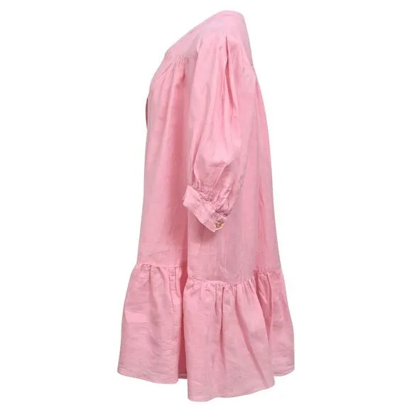Sandro Paris Buttoned Mini Flared Dress in Pink Linen