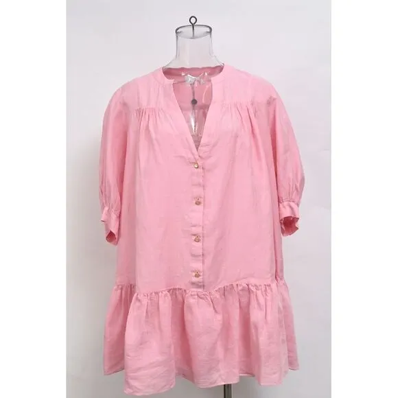 Sandro Paris Buttoned Mini Flared Dress in Pink Linen