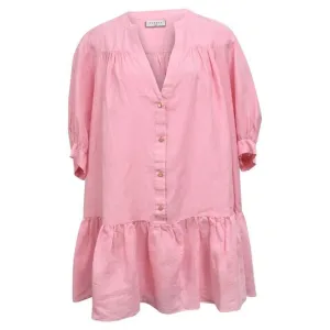 Sandro Paris Buttoned Mini Flared Dress in Pink Linen