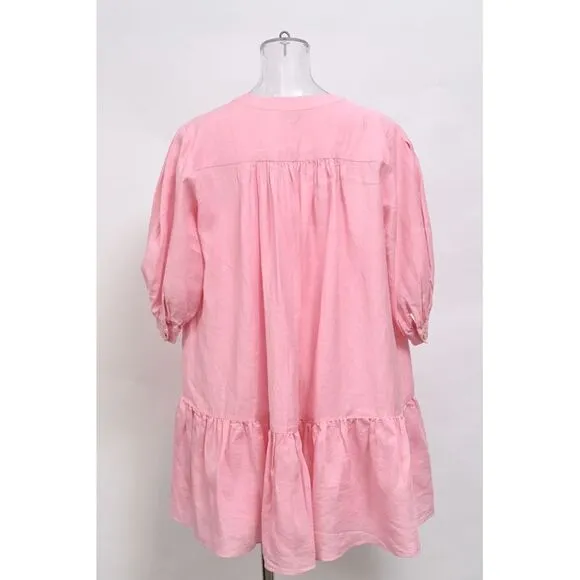 Sandro Paris Buttoned Mini Flared Dress in Pink Linen