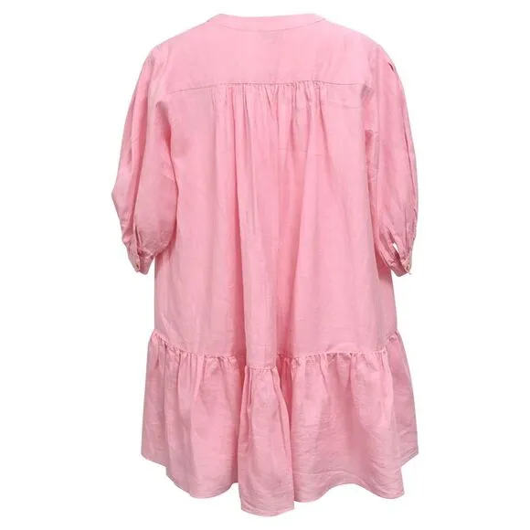 Sandro Paris Buttoned Mini Flared Dress in Pink Linen