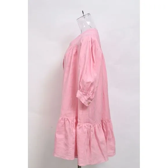 Sandro Paris Buttoned Mini Flared Dress in Pink Linen