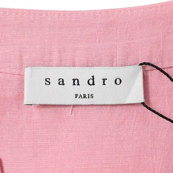 Sandro Paris Buttoned Mini Flared Dress in Pink Linen