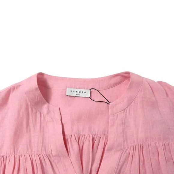 Sandro Paris Buttoned Mini Flared Dress in Pink Linen