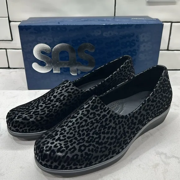 SAS Bliss Wedge Velvet Black Leopard Print Slip-On Shoes 9W