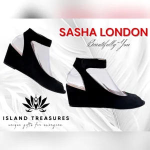 Sasha London Venice Wedge Black Suede Leather Sandal Women's Size 7