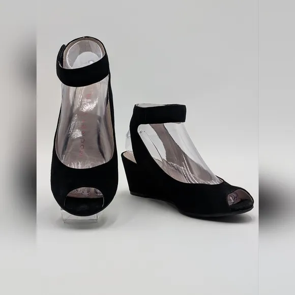 Sasha London Venice Wedge Black Suede Leather Sandal Women's Size 7