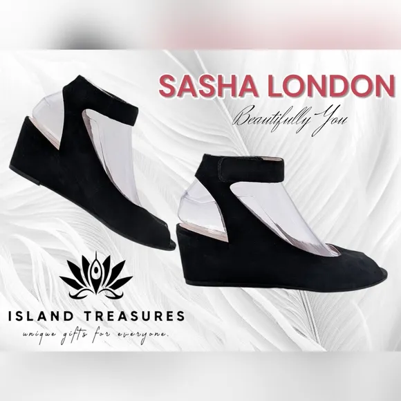 Sasha London Venice Wedge Black Suede Leather Sandal Women's Size 7