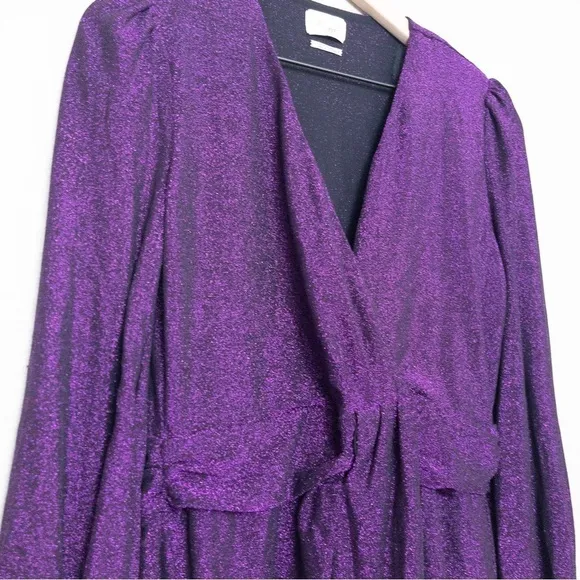 Saylor Holliday Metallic Faux Wrap Mini Dress M Purple Vneck Glitter Party