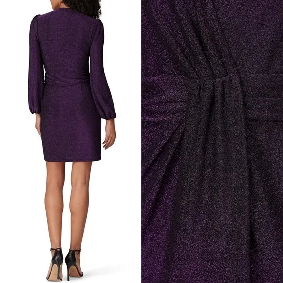 Saylor Holliday Metallic Faux Wrap Mini Dress M Purple Vneck Glitter Party