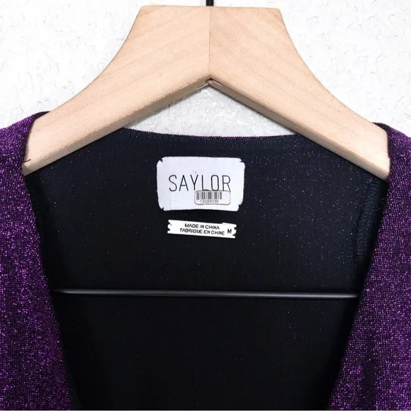 Saylor Holliday Metallic Faux Wrap Mini Dress M Purple Vneck Glitter Party
