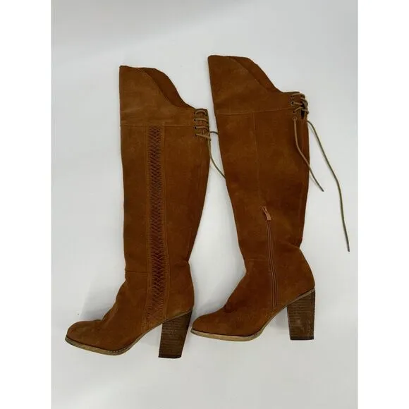 SBICCA Gusto Tan Suede Leather Over The Knee Heeled Boots Size 8