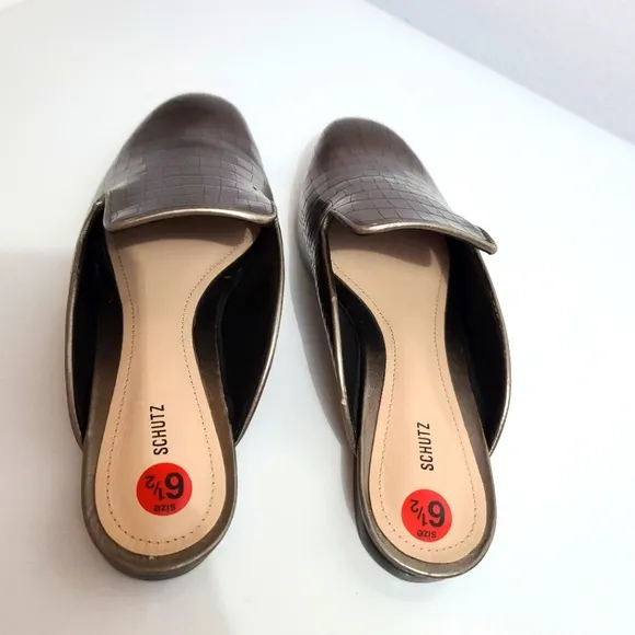 Schutz Avamel Croc Embossed Leather Slip-on Mules Metallic