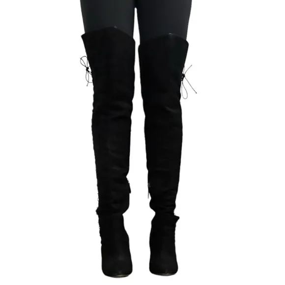 Schutz Boots Over the Knee Black Leather Lace Up Heeled Sexy Size 40 10