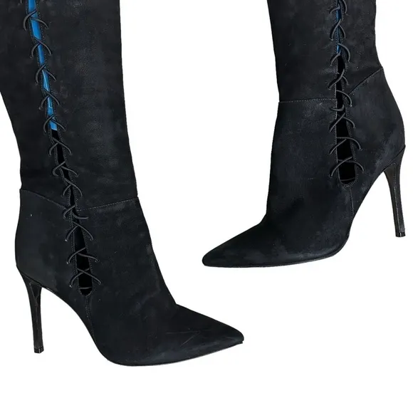 Schutz Boots Over the Knee Black Leather Lace Up Heeled Sexy Size 40 10