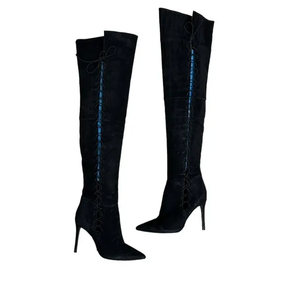 Schutz Boots Over the Knee Black Leather Lace Up Heeled Sexy Size 40 10