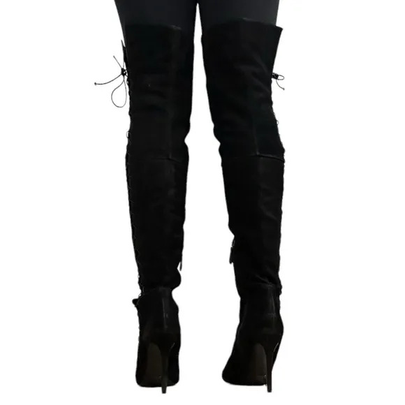 Schutz Boots Over the Knee Black Leather Lace Up Heeled Sexy Size 40 10