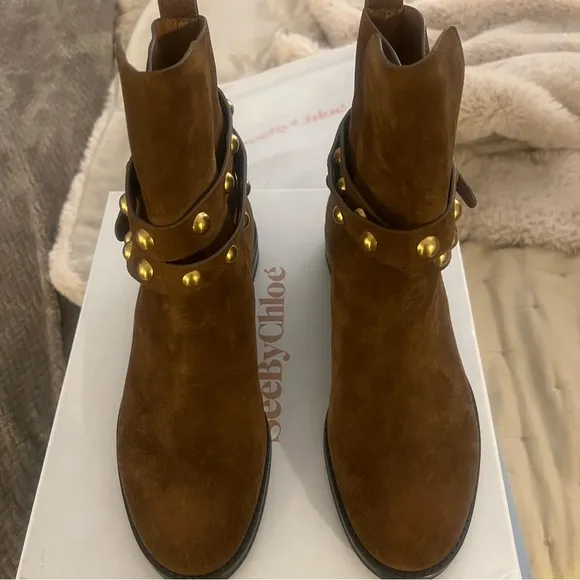 SEE BY CHLOÉ JANIS HEELED ANKLE BOOTS Suede Leather Studded NWT size 38