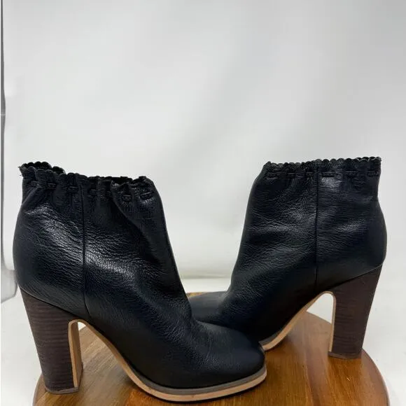 See by Chloe Boots Womens Leather Scalloped Accent Black Leather Size 8 US 39 EU
