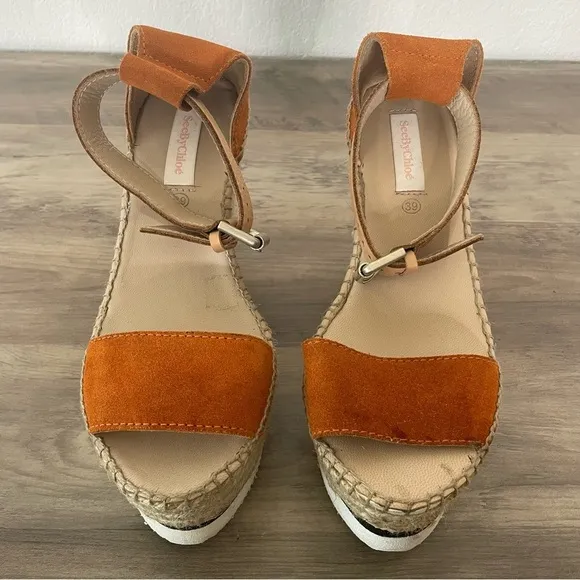 See by Chloe Cognac Brown Suede Espadrille Platform Wedges