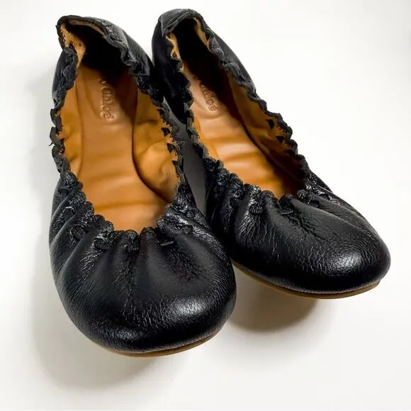 See by Chloé Women's Black Leather Scrunched Ballet Flats EU 36 / US 6