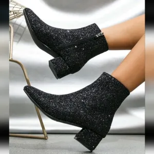 Sequin Decor Point Toe Chunky Heeled Classic Boots, Black Party Classic Glitter