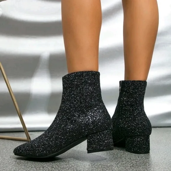 Sequin Decor Point Toe Chunky Heeled Classic Boots, Black Party Classic Glitter