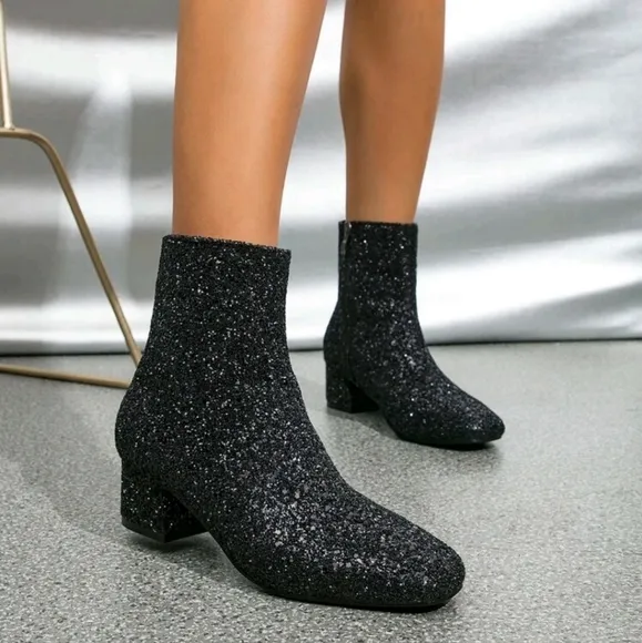 Sequin Decor Point Toe Chunky Heeled Classic Boots, Black Party Classic Glitter