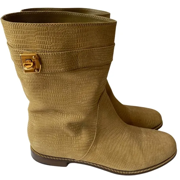 Sergio Rossi Camel Tan Flat Boots Gold Buckle Nubuck Textured Leather size 10 40