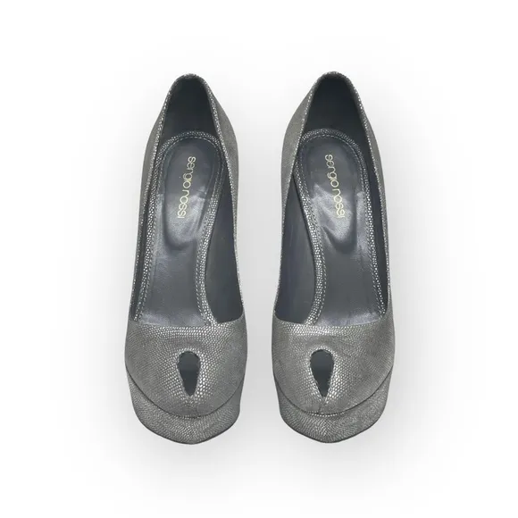 Sergio Rossi ༄ Piper Lamè 100mm Cachet Platform Peep Toe Pump ༄ Zinco Silver༄ 37