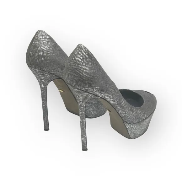 Sergio Rossi ༄ Piper Lamè 100mm Cachet Platform Peep Toe Pump ༄ Zinco Silver༄ 37