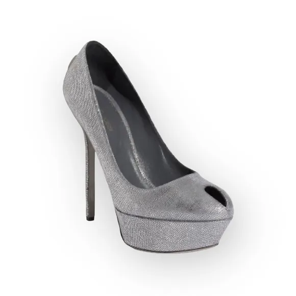 Sergio Rossi ༄ Piper Lamè 100mm Cachet Platform Peep Toe Pump ༄ Zinco Silver༄ 37