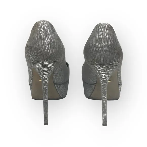 Sergio Rossi ༄ Piper Lamè 100mm Cachet Platform Peep Toe Pump ༄ Zinco Silver༄ 37