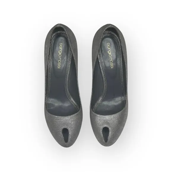 Sergio Rossi ༄ Piper Lamè 100mm Cachet Platform Peep Toe Pump ༄ Zinco Silver༄ 37