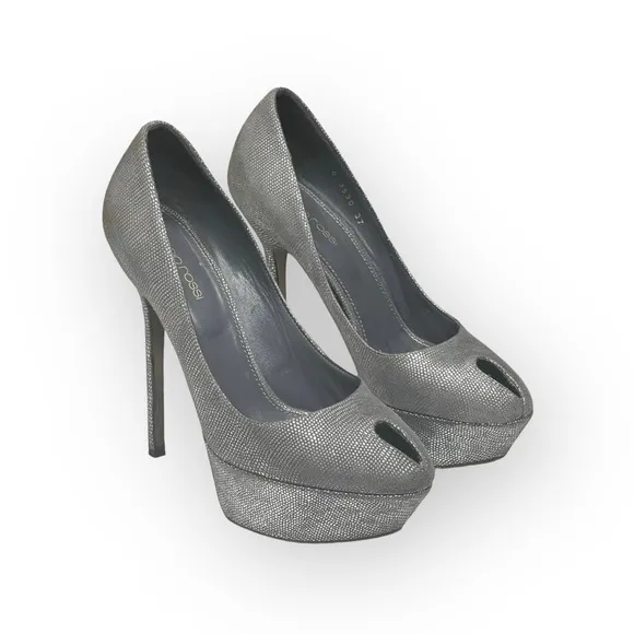 Sergio Rossi ༄ Piper Lamè 100mm Cachet Platform Peep Toe Pump ༄ Zinco Silver༄ 37