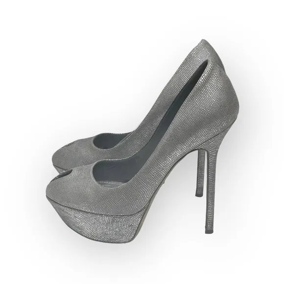 Sergio Rossi ༄ Piper Lamè 100mm Cachet Platform Peep Toe Pump ༄ Zinco Silver༄ 37