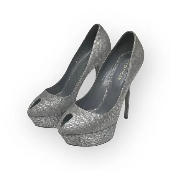 Sergio Rossi ༄ Piper Lamè 100mm Cachet Platform Peep Toe Pump ༄ Zinco Silver༄ 37