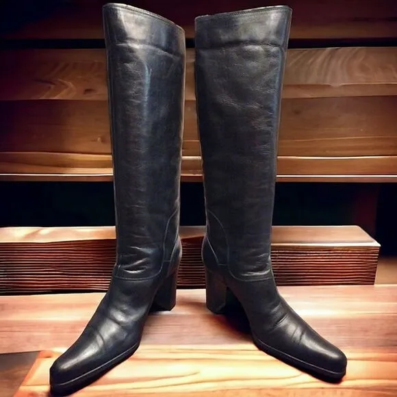 SERGIO ROSSI Vintage Knee High Leather Block Heeled Boots, Black, Size 37
