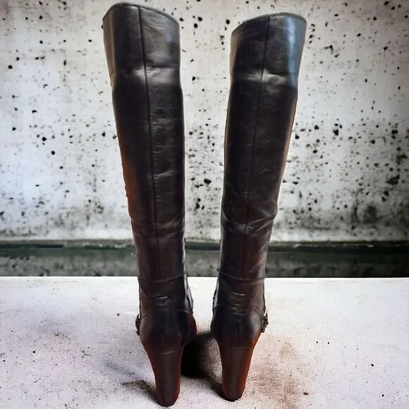 SERGIO ROSSI Vintage Knee High Leather Block Heeled Boots, Black, Size 37