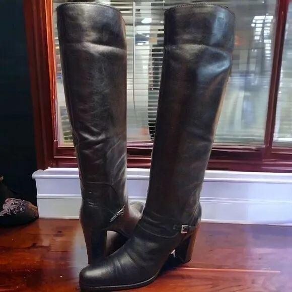 SERGIO ROSSI Vintage Knee High Leather Block Heeled Boots, Black, Size 37