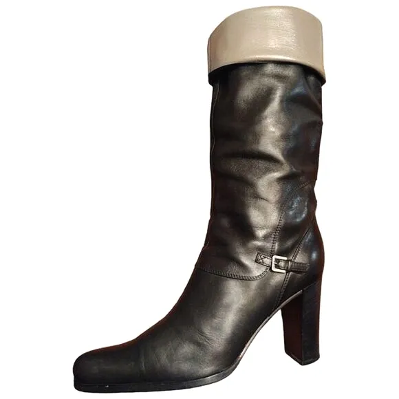 SERGIO ROSSI Vintage Knee High Leather Block Heeled Boots, Black, Size 37