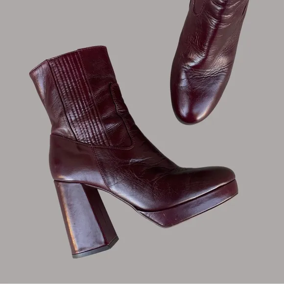 SEZANE Burgundy Cherry Brown Leather Platform Heel Ankle Boots Cassie Booties 38