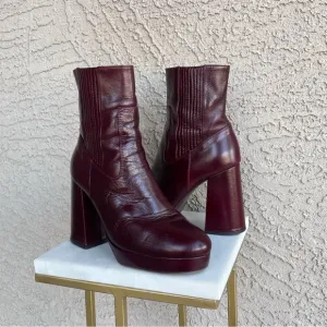SEZANE Burgundy Cherry Brown Leather Platform Heel Ankle Boots Cassie Booties 38