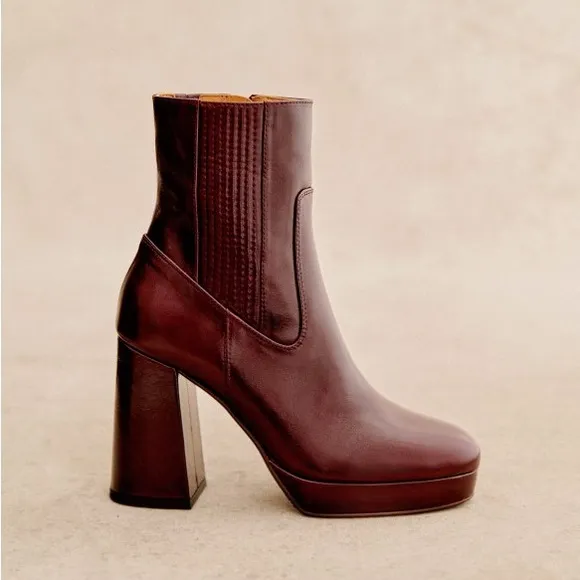SEZANE Burgundy Cherry Brown Leather Platform Heel Ankle Boots Cassie Booties 38