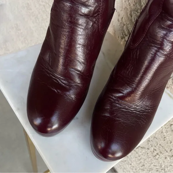SEZANE Burgundy Cherry Brown Leather Platform Heel Ankle Boots Cassie Booties 38