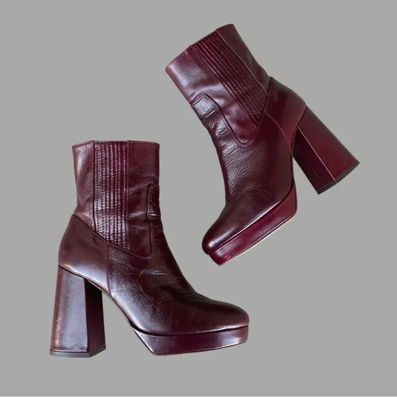 SEZANE Burgundy Cherry Brown Leather Platform Heel Ankle Boots Cassie Booties 38
