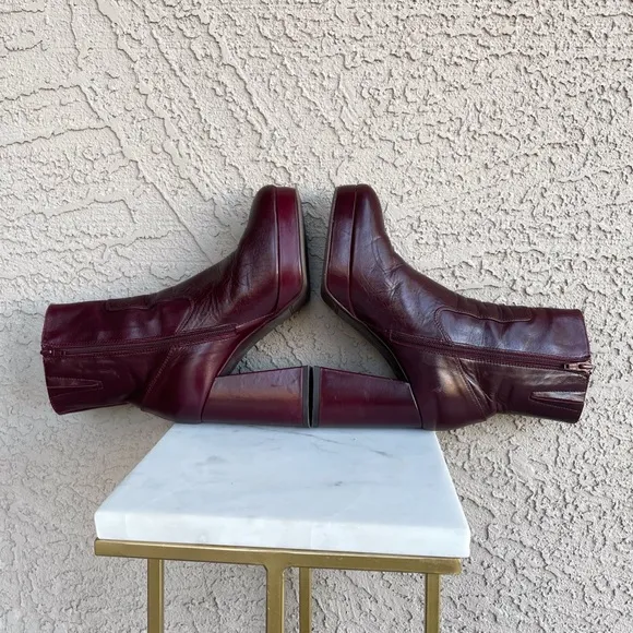 SEZANE Burgundy Cherry Brown Leather Platform Heel Ankle Boots Cassie Booties 38