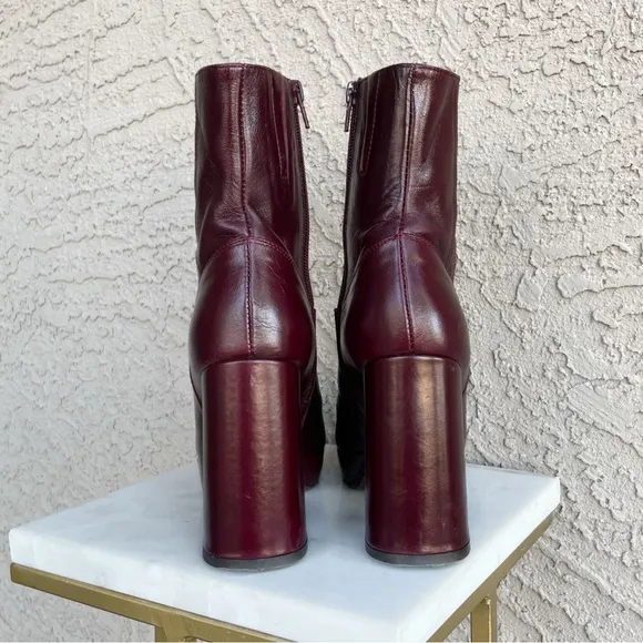 SEZANE Burgundy Cherry Brown Leather Platform Heel Ankle Boots Cassie Booties 38