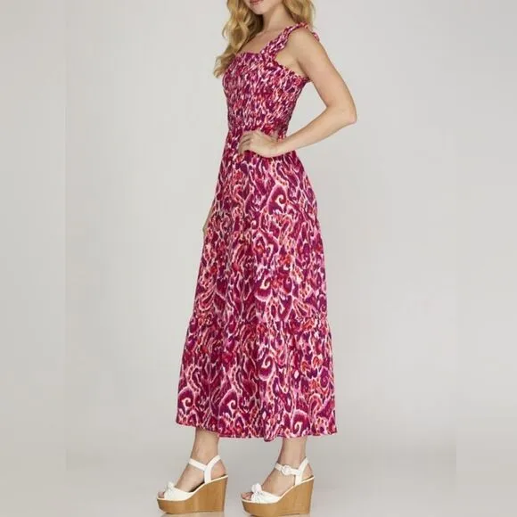 She   Sky Smocked Printed Wide Strap Tiered Dress Vibrant Pink Maxi Dress
