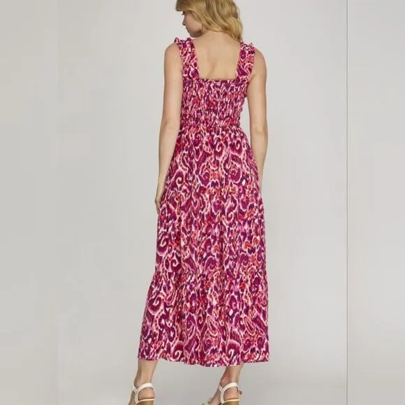 She   Sky Smocked Printed Wide Strap Tiered Dress Vibrant Pink Maxi Dress